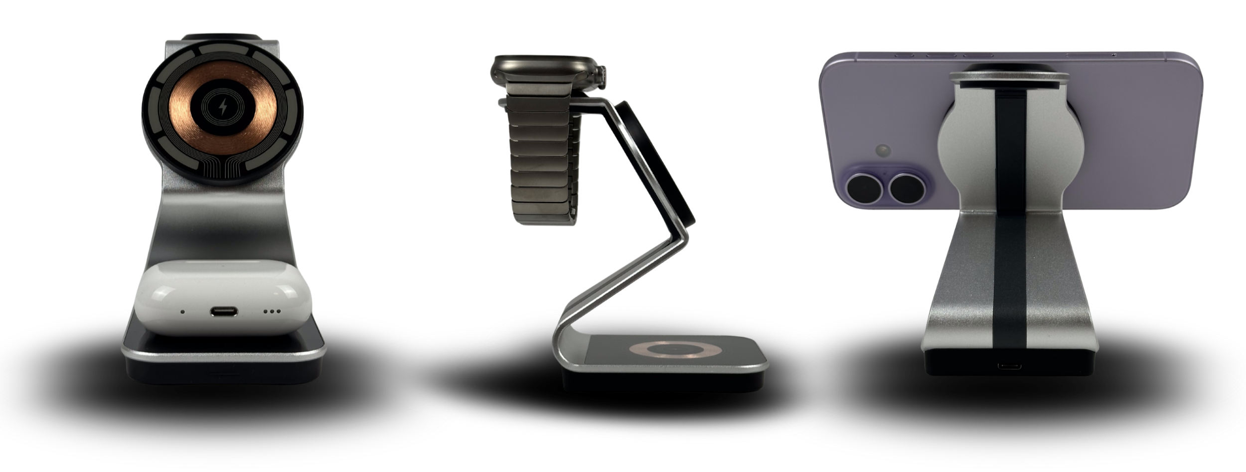 A 3 in 1 wireless charger station made out of aluminum in 2 colors for apple devices