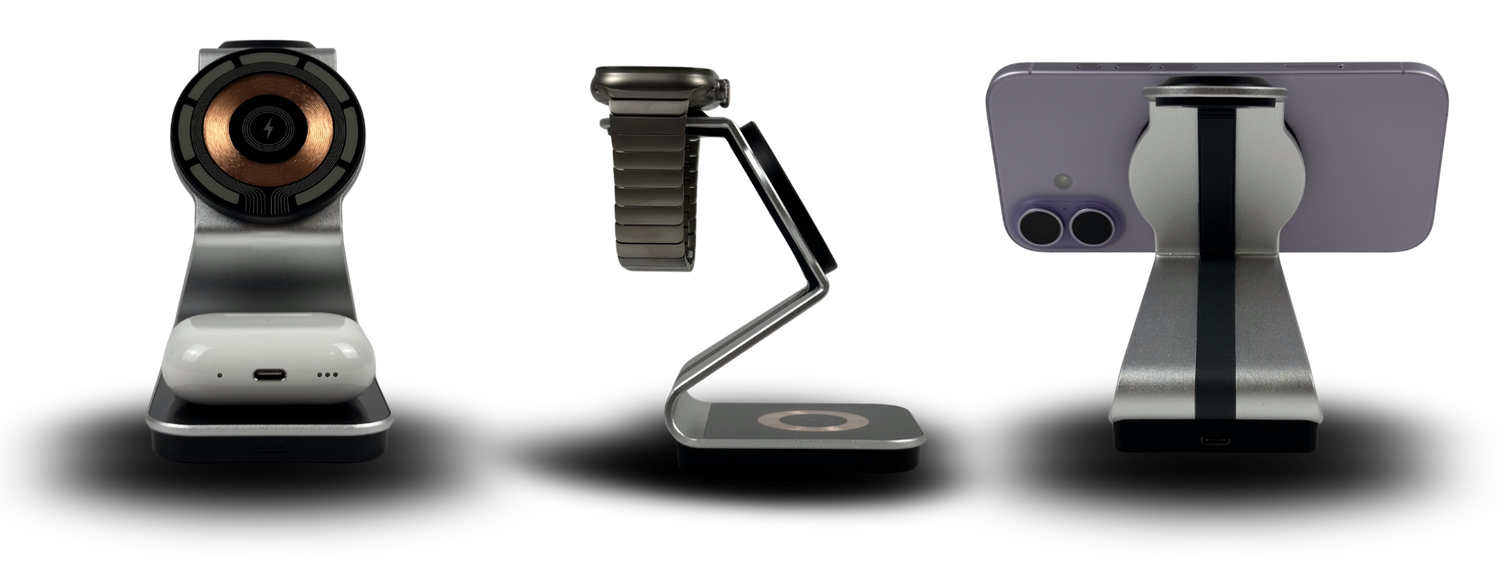 A 3 in 1 wireless charger station made out of aluminum in 2 colors for apple devices