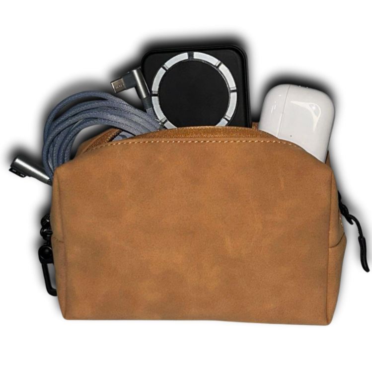 Brown leather pouch with electronic accessories