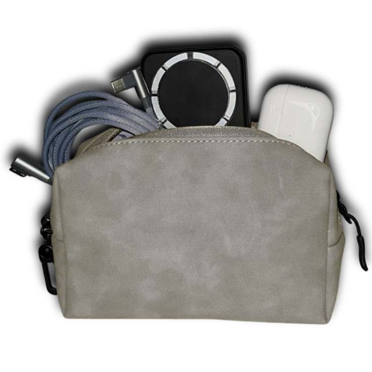 Gray pouch with electronic accessories 