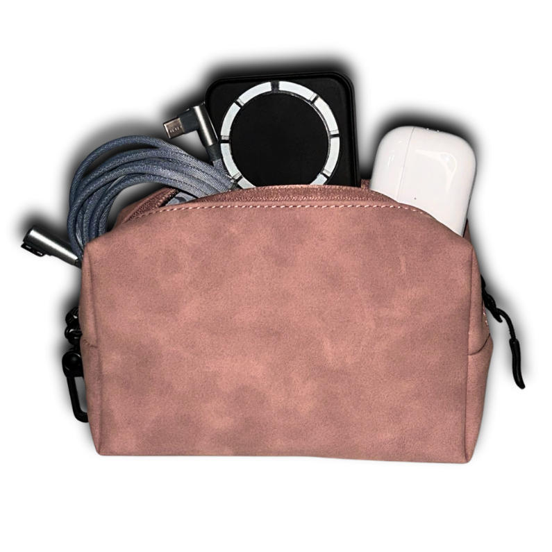 Pink pouch with electronic accessories