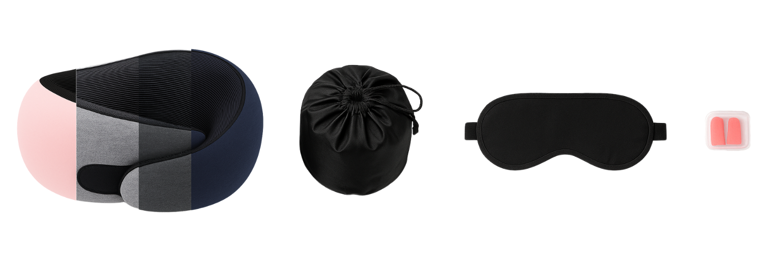 Travel pillow, eye mask, earplugs and carrying case on a white background