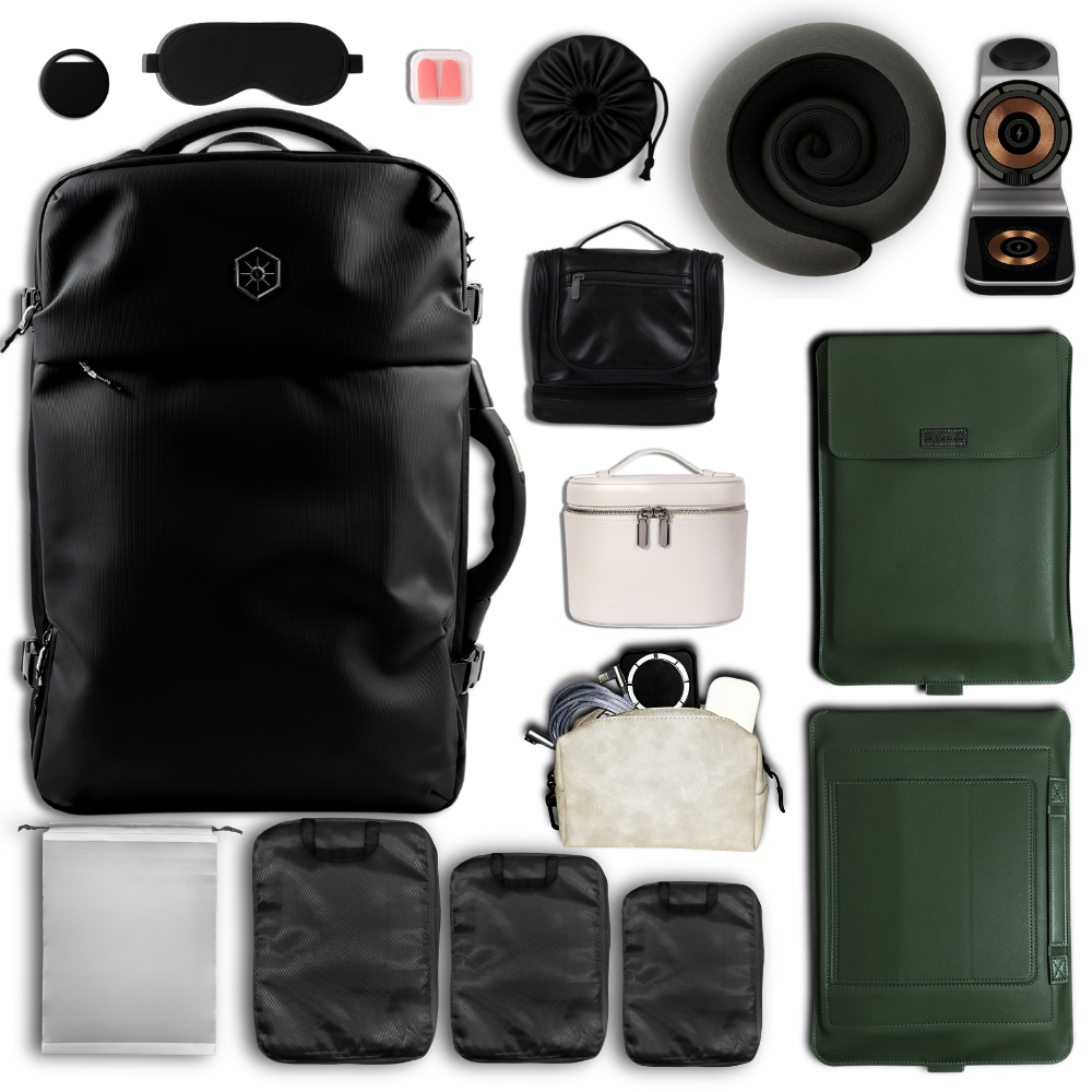 Green and black themed collection of travel accessories including a black Vaultvac Nomad backpack, neck pillow, sleep mask, and various packing cubes and more products.