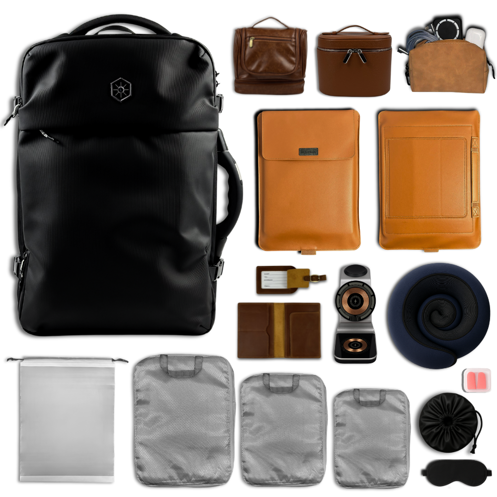 Brown and black themed collection of travel accessories including a black Vaultvac Nomad backpack, neck pillow, sleep mask, and various packing cubes and more products.