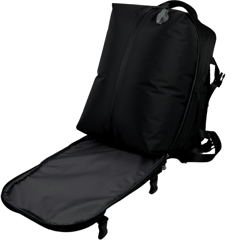 Vaultvac Scout Backpack in black opened with the vacuum system fully pumped.